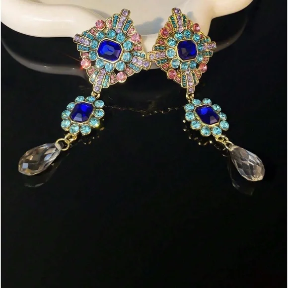 Colorful Crystal, Rhinestone Drop Medallion Dangle Vintage Look Party Earrings - Picture 8 of 10